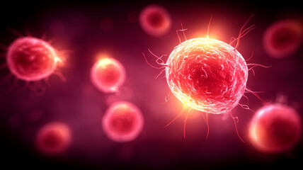 Radiant spiky pathogen cell erupting with energy under extreme microscopic magnification. Represents the unpredictable threat of emerging infectious diseases and the urgent need for biomedical defense