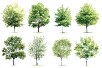 A collection of eight distinct trees showcasing various shades of green and different leaf shapes, arranged in a grid pattern.