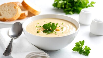 Creamy soup with bread and garnish