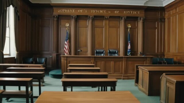 Empty American-Style Courtroom. Supreme Court Building. Courthouse Before Civil Trial Begins. 4k video