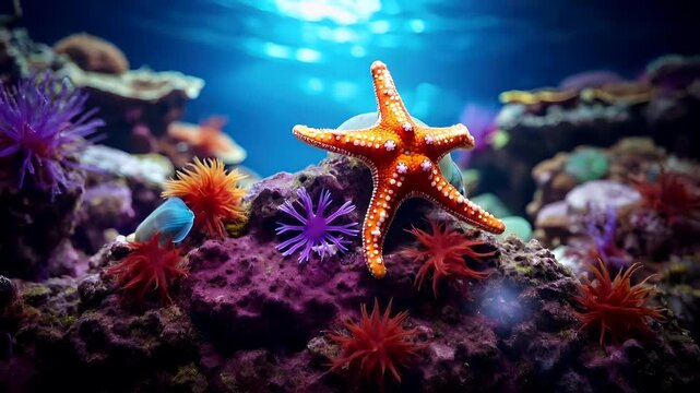 A vivid underwater scene featuring a large orange starfish with white spots and pinkishpurple tentacles. The starfish is set against a backdrop of a deep blue ocean.