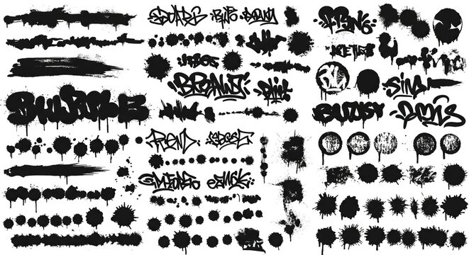 Full collection of distressed textures including paint drips, stencil marks, spray paint effects, brush lines, and ink blots.
