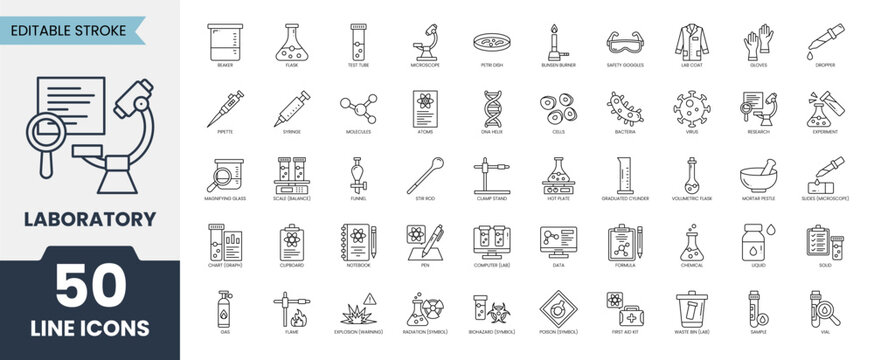 Laboratory icon set. Containing Microscope, mask, bacteria, test tube, syringe, gloves, experiment, research and more. Editable stroke. Vector illustration