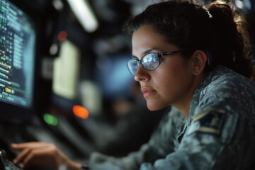 Middle-aged Hispanic female supervising ship radio assemblers during installation process in an industrial setting