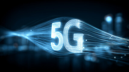 Neon wireframe 5G typography rises above a flowing data landscape at night.
Symbolizes next generation wireless speed transforming smart connected cities.