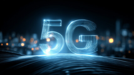 Neon wireframe 5G typography rises above a flowing data landscape at night.
Symbolizes next generation wireless speed transforming smart connected cities.
