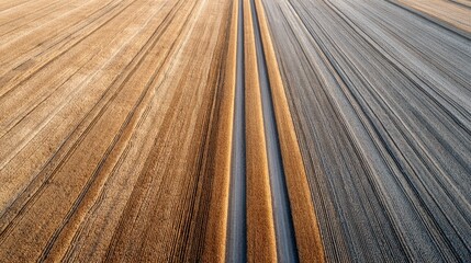 Aerial view of agricultural fields showcasing contrasting textures of golden wheat and gray soil, with distinct plowed lines creating a visually striking landscape composition