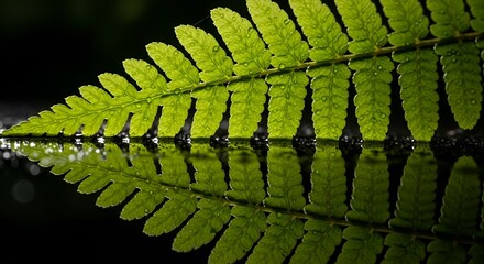 Rain-kissed Reflections: A Macro View of a Lush Fern Leaf Mirrored in a Still, Dark Water Surface







