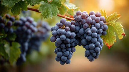 Fresh bunch of ripe purple grapes hanging from a vine, glistening with dew droplets, surrounded by lush green leaves in a vineyard during golden hour light