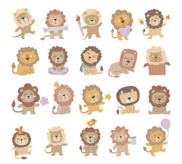 Lion character set in scandinavian style with different poses, adorable feline mane tail, charming cute animals perfect for decoration illustrations and creative design projects