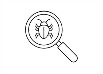 A magnifying glass symbol used for inspecting a small insect representing software development and troubleshooting tasks isolated on white background