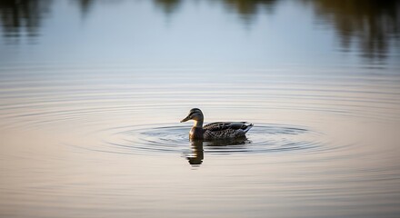 A duck floats serenely on the still water.