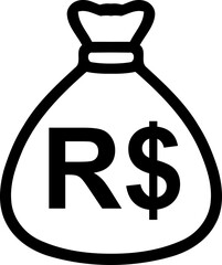 Brazilian Real money bag icon. Simple black outline symbol for finance, currency exchange, and banking. Vector illustration.