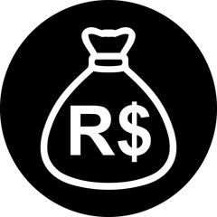 Brazilian Real money bag icon. White glyph in a black circle. Finance and currency exchange symbol for web or app button.