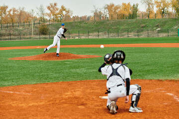 Joyful youth baseball match between two teenage boys on a lush green field