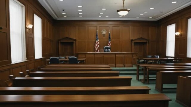 Empty American-Style Courtroom. Supreme Court Building. Courthouse Before Civil Trial Begins. 4k video