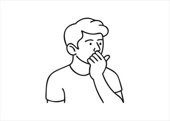 A single continuous line drawing of a person gesturing for quietness and silence presented isolated on white background