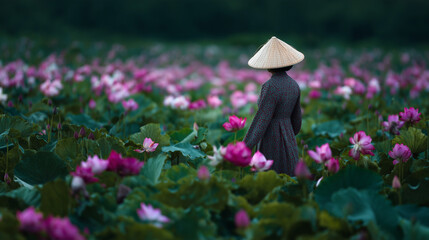 Woman in conical hat walking through lotus field