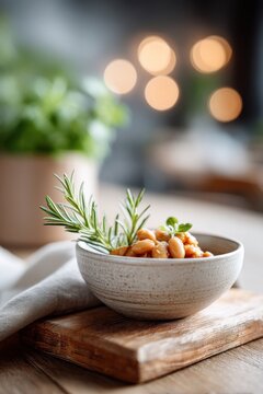 Bowl of wholesome samp and beans garnished with fresh herbs on a rustic table in a cozy setting