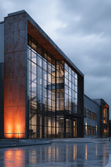 Modern industrial office building illuminated at dusk showcasing sleek architecture and reflective surfaces