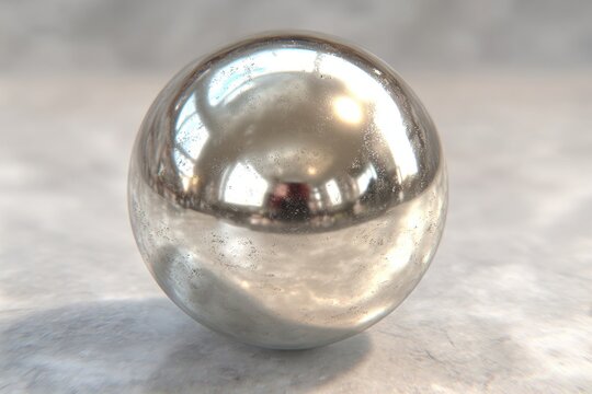 Close-up of a distressed reflective silver sphere on a textured surface.