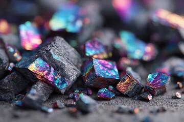 Stunning close-up of raw minerals exhibiting vibrant iridescent colors and textures.