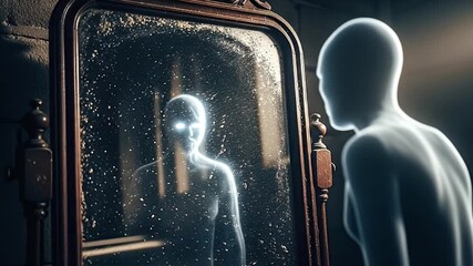 Mysterious Ethereal Entity Reflected in an Antique Mirror with Glowing Eyes - Powered by Adobe