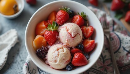 A bowl of fruit with strawberries and ice cream
