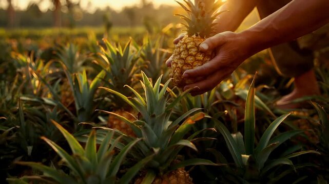 A closeup shot of a persons hands holding a pineapple amidst a field of pineapples during sunset. The sun casts a warm, golden hue over the scene.