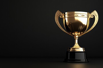 Fototapeta premium A shiny golden trophy with handles on a black base against a dark background in a studio shot
