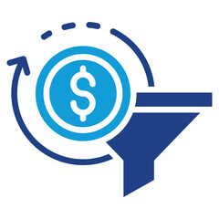 Conversion Goal Glyph Blue Silhouette Icon Design Vector - funnel with a dollar symbol in the center of a rotating arrow. Represents conversion tracking, revenue targeting, and marketing ROI