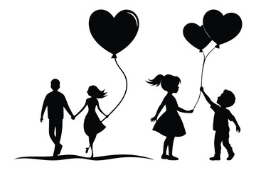 Romantic Couple Silhouettes with Heart Balloons – Love and Valentine Vector Set