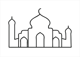 Elegant single line art depiction of a grand mosque structure showcasing architectural beauty and cultural significance isolated on white background
