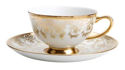 Elegant teacup with golden floral design, resting on a matching saucer, perfect for sophisticated tea time and refined table settings on transparent background
