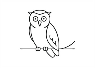 A minimalist single line drawing of a charming owl gracefully perched upon a simple branch presented as a clean graphic design isolated on white background