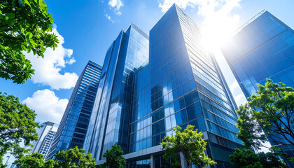 Obraz premium Modern glass office buildings reflect sunlight against clear blue sky, surrounded by lush green trees, creating vibrant urban