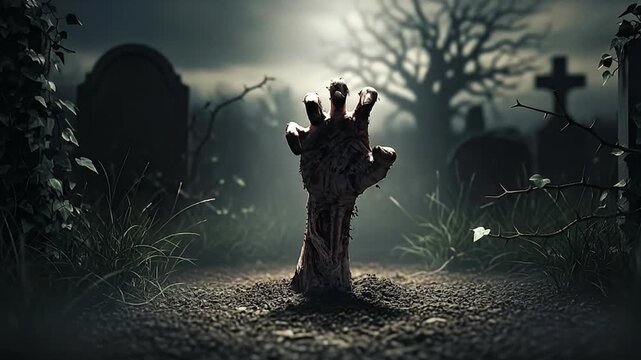 Undead Hand Breaking Ground in a Spooky Graveyard at Night, Eerie Halloween Horror Concept