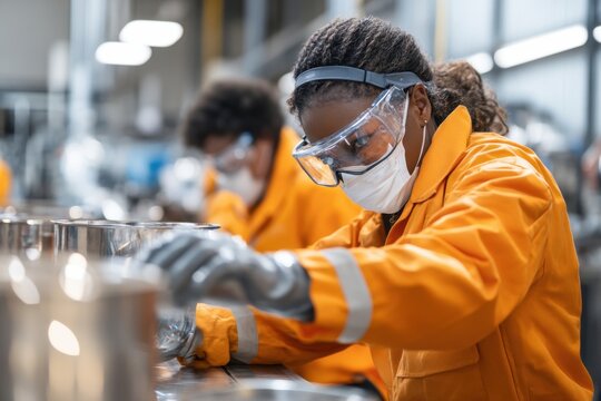 Diverse team of waste recyclers collaborate in high-tech facility focusing on radioactive material processing