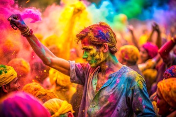 Fototapeta premium Handsome man dancing at Holi festival. Splash of colour powder in a Holi festival in India