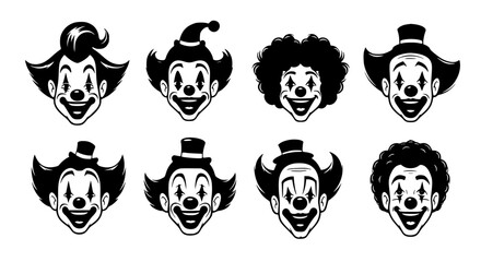 Fototapeta premium Collection of distinct vintage clown face illustrations in a bold black silhouette style isolated on transparent background