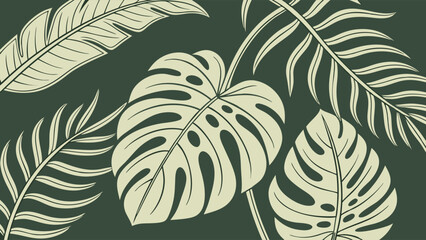Tropical Leaves Pattern Monstera and Palm Fronds Illustration.