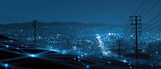 Night city skyline with interconnected network