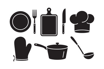 Kitchen utensils and chef hat silhouette collection