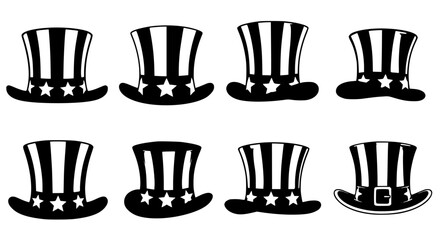 Collection of  black and white uncle sam top hats with stars and stripes patterns isolated on transparent background silhouette