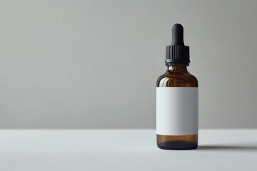 Amber glass dropper bottle with blank white label on isolated background