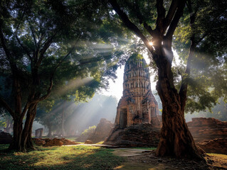 Ancient ruins of Ayutthaya with light rays through trees
