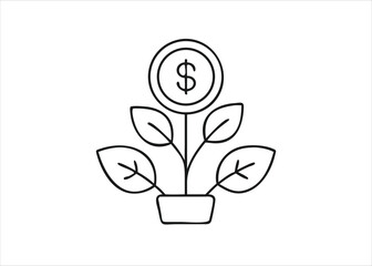 A single continuous line drawing gracefully depicting a money plant with its leaves unfurling upwards and outwards isolated on white background