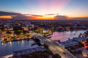 Aerial Sunset View Over Boca Raton, Florida with Draw Bridge and Intercoastal. 