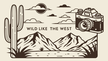 Vintage Camera Cactus Mountains and Western Landscape Design.