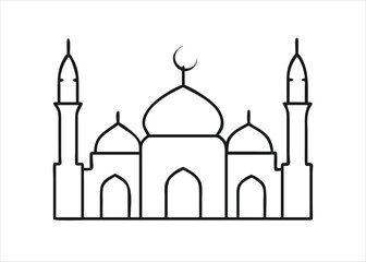 Detailed islamic mosque architectural line art design featuring traditional geometric patterns and minarets isolated on white background